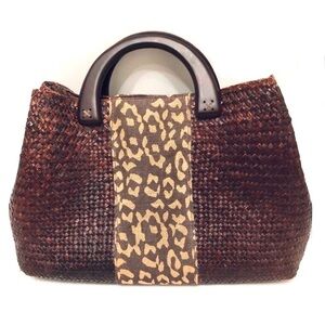 Elegant Brown Woven Tote with Leopard Accent